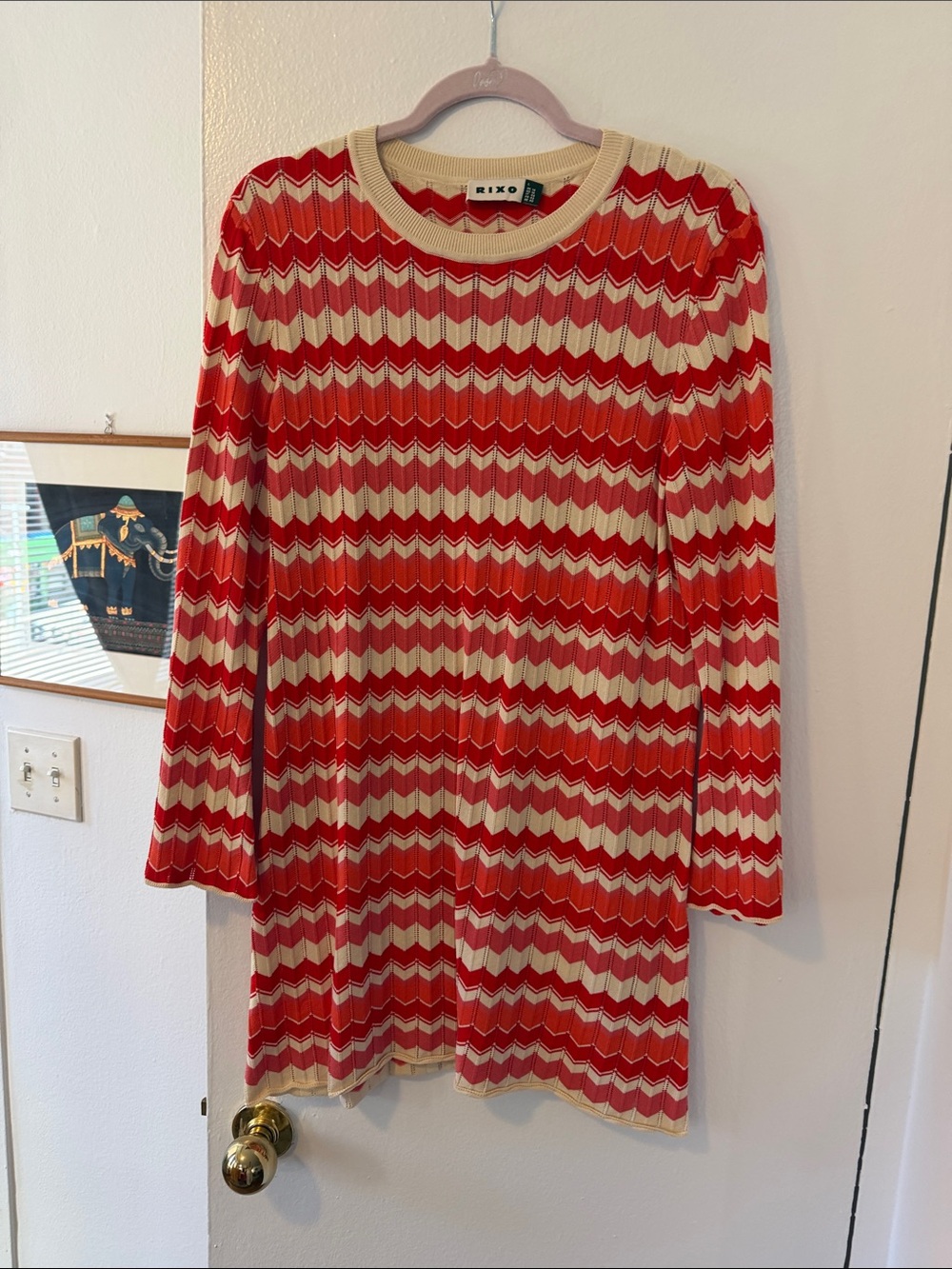 RIXO Red and Cream Zigzag Ribbed Long-Sleeve Dress